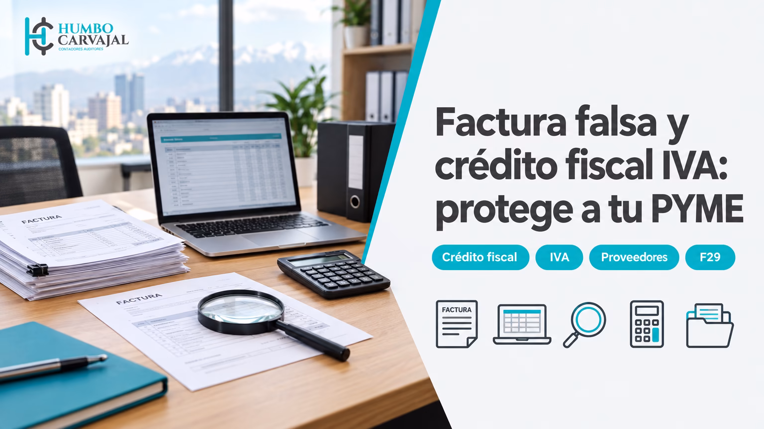 Escritorio de oficina con facturas, notebook con registro de compras y lupa sobre una factura